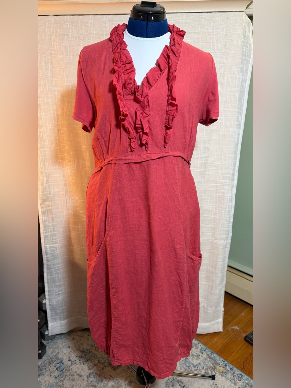 Peruzzi Italian Pink Linen Ruffle Neck Midi Dress Size 46
